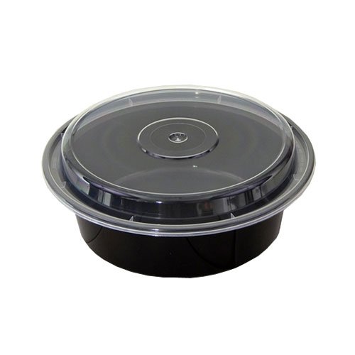 Versa Round Black Containers with Tops, Black/Clear, 32 oz, 7"Dia x 2"H, 150/Carton
